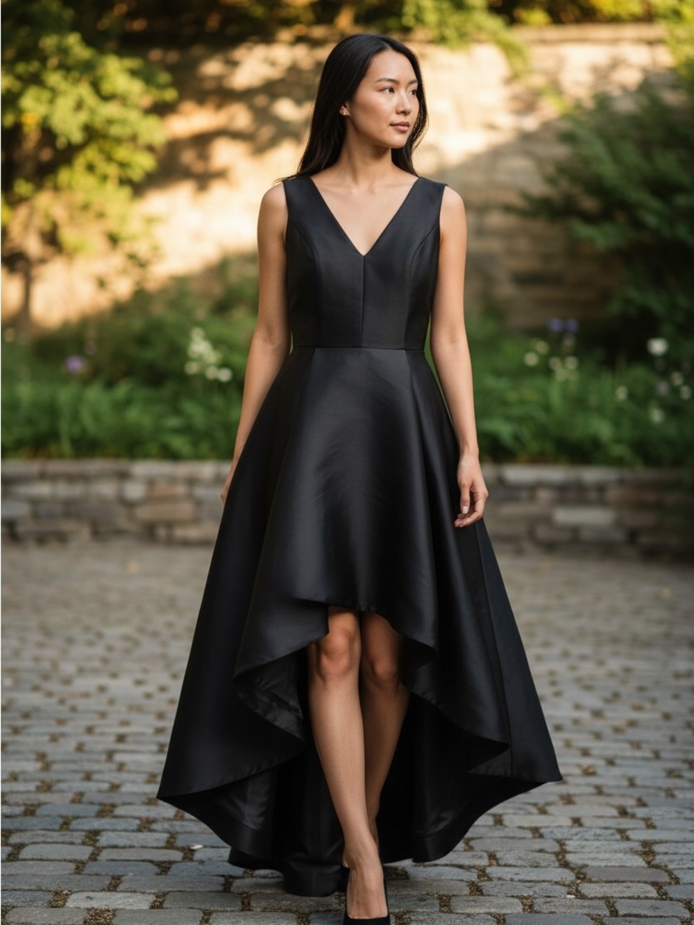 Calvin Klein Black High-Low V-Neck Satin Dress